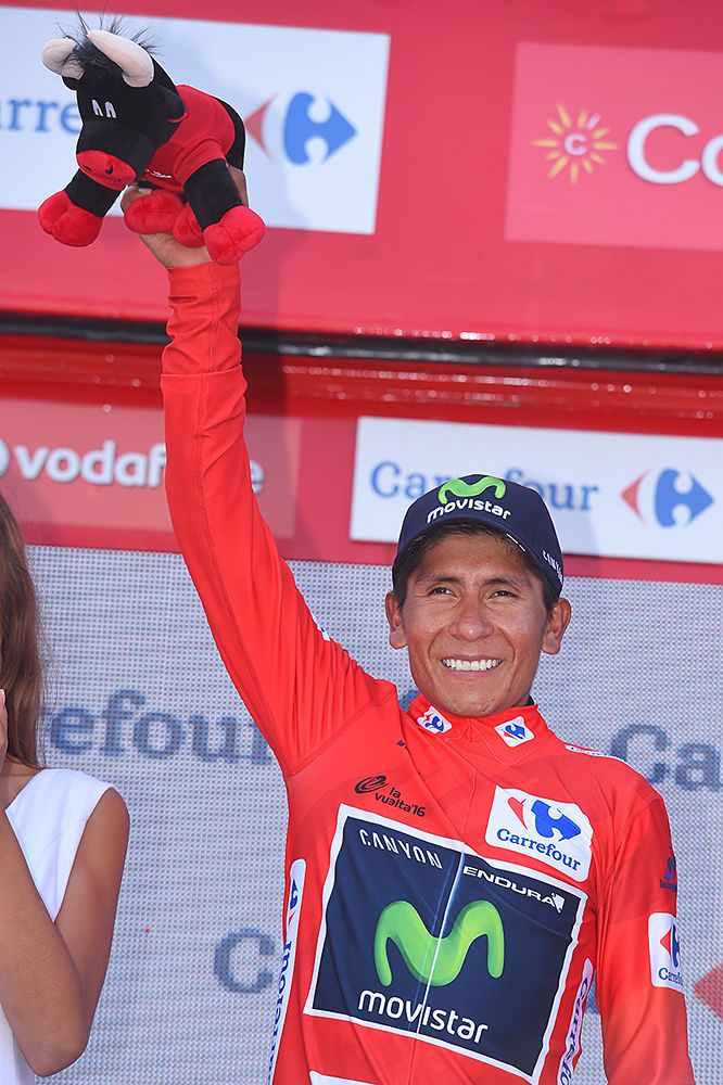 Nairo Quintana (Movistar) puts on the red jersey after stage 11 at the Vuelta a Espana