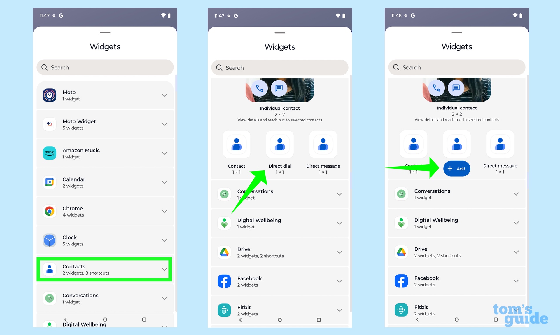 Selecting the Direct Call widget from Contacts Widgets opiton