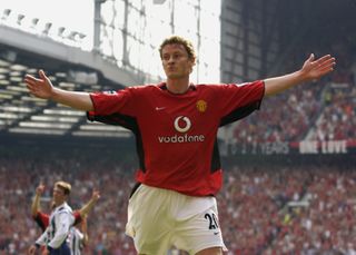 Ole Gunnar Solskjaer celebrates a goal for Manchester United against West Brom in August 2002.