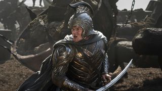 Elrond (Robert Aramayo) wearing full armor on a battlefield in "The Lord of the Rings: The Rings of Power" season 2