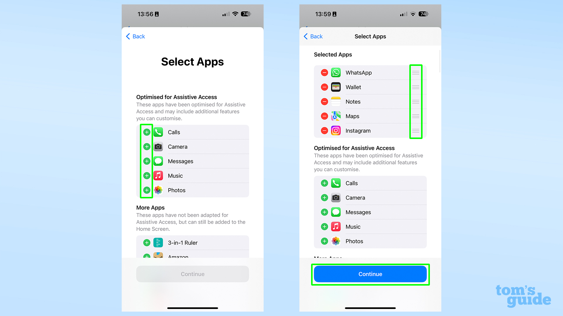 Снимки экрана, показывающие интерфейс выбора приложений Assistive Access в iOS 17.