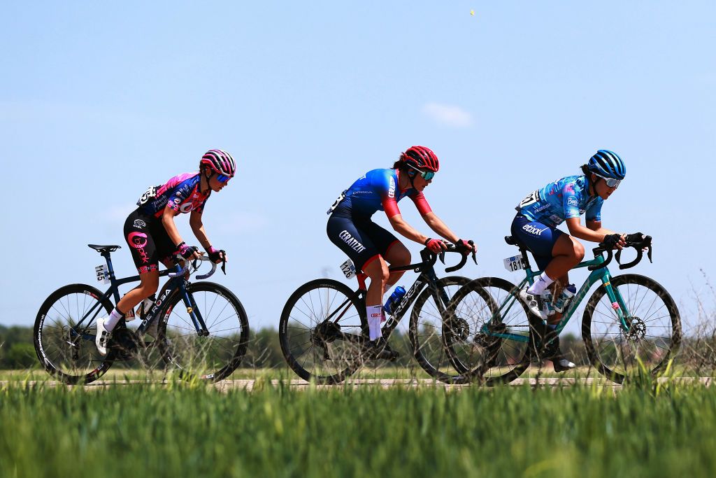 ARANDA DE DUERO SPAIN MAY 19 LR Matilde Vitillo of Italy and Team Bepink Lara Vieceli of Italy and Ceratizit Wnt Pro Cycling Team and Andrea Ramrez Fregoso of Mexico and Massi Tactic Women Team compete in the breakaway during the 7th Vuelta a Burgos Feminas 2022 Stage 1 a 1219km stage from Pedrosa del Prncipe to Aranda de Duero VueltaBurgos BurgosFem on May 19 2022 in Aranda de Duero Spain Photo by Gonzalo Arroyo MorenoGetty Images