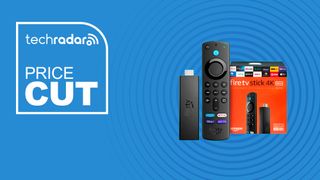 Amazon Fire TV Stick 4K Max on blue background with price cut sign