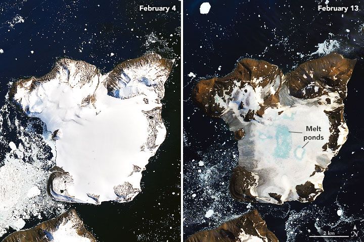 Antarctica&#039;s Eagle Island on Feb. 4 and Feb. 13, 2020.