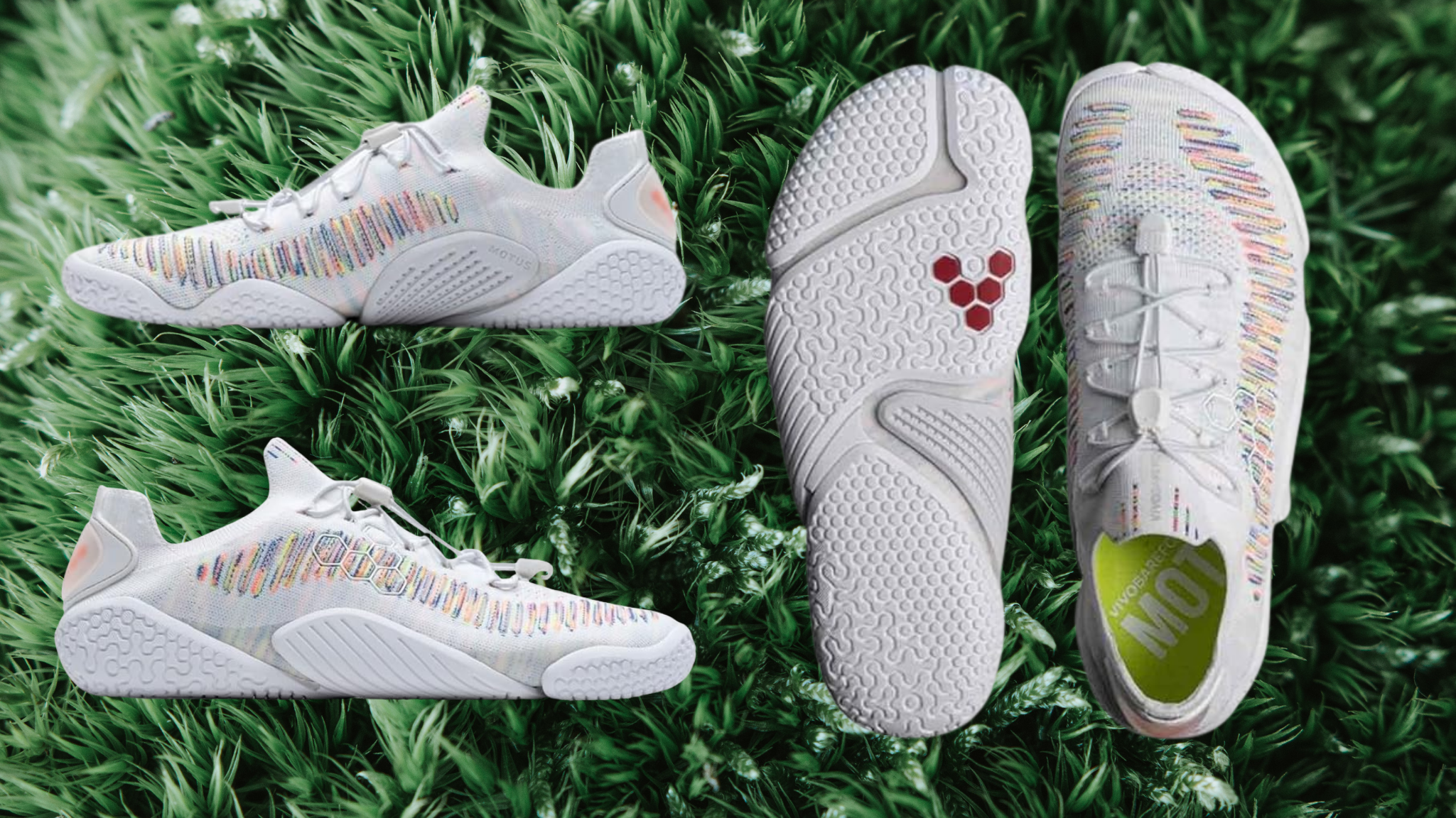 The Vivobarefoot Motus Flex barefoot walking shoe is presented on a background texture of grass