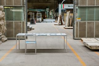 Table and chair by Stefan Scholten seen in factory and designed using offcuts of marble