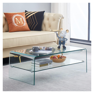 A two-tiered waterfall glass table