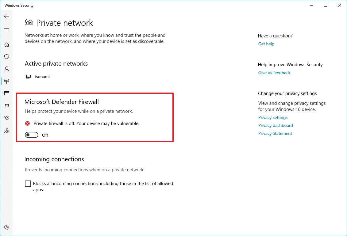 Microsoft Defender Firewall disable option