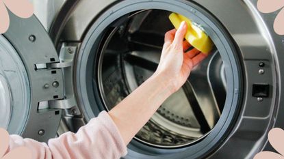 picture of woman cleaning washing machine with sponge