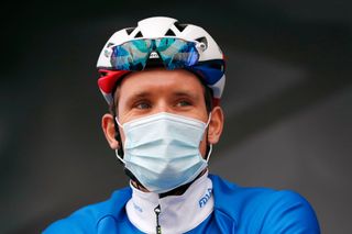 BOLLÈNE, FRANCE - MARCH 11: Start / Podium / Arnaud Demare of France and Team Groupama - FDJ during the 79th Paris - Nice 2021, Stage 5 a 200km stage from Vienne to Bollène / Mask / Covid safety measures / Team Presentation / #ParisNice / on March 11, 2021 in Bollène, France. (Photo by Bas Czerwinski/Getty Images)