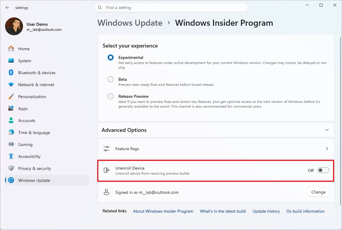 Windows Insider Program settings page showing options for selecting update experience: Experimental, Beta, Release Preview, and an "Unenroll Device" toggle set to off.