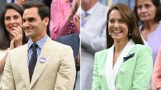 Composite of a picture of Roger Federer in a cream suit ahead of a match at Wimbledon 2023 and Kate Middleton in a mint green blazer ahead of this match