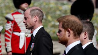 windsor, england april 17 prince william, duke of cambridge, prince harry, duke of sussex and peter phillips during the funeral of prince philip, duke of edinburgh at windsor castle on april 17, 2021 in windsor, england prince philip of greece and denmark was born 10 june 1921, in greece he served in the british royal navy and fought in wwii he married the then princess elizabeth on 20 november 1947 and was created duke of edinburgh, earl of merioneth, and baron greenwich by king vi he served as prince consort to queen elizabeth ii until his death on april 9 2021, months short of his 100th birthday his funeral takes place today at windsor castle with only 30 guests invited due to coronavirus pandemic restrictions photo by gareth fullerwpa poolgetty images
