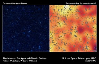 The left image shows a portion of our sky called the Boötes field in infrared light, while the image on the right shows a background infrared glow captured by NASA's Spitzer Space Telescope in the same region of sky.