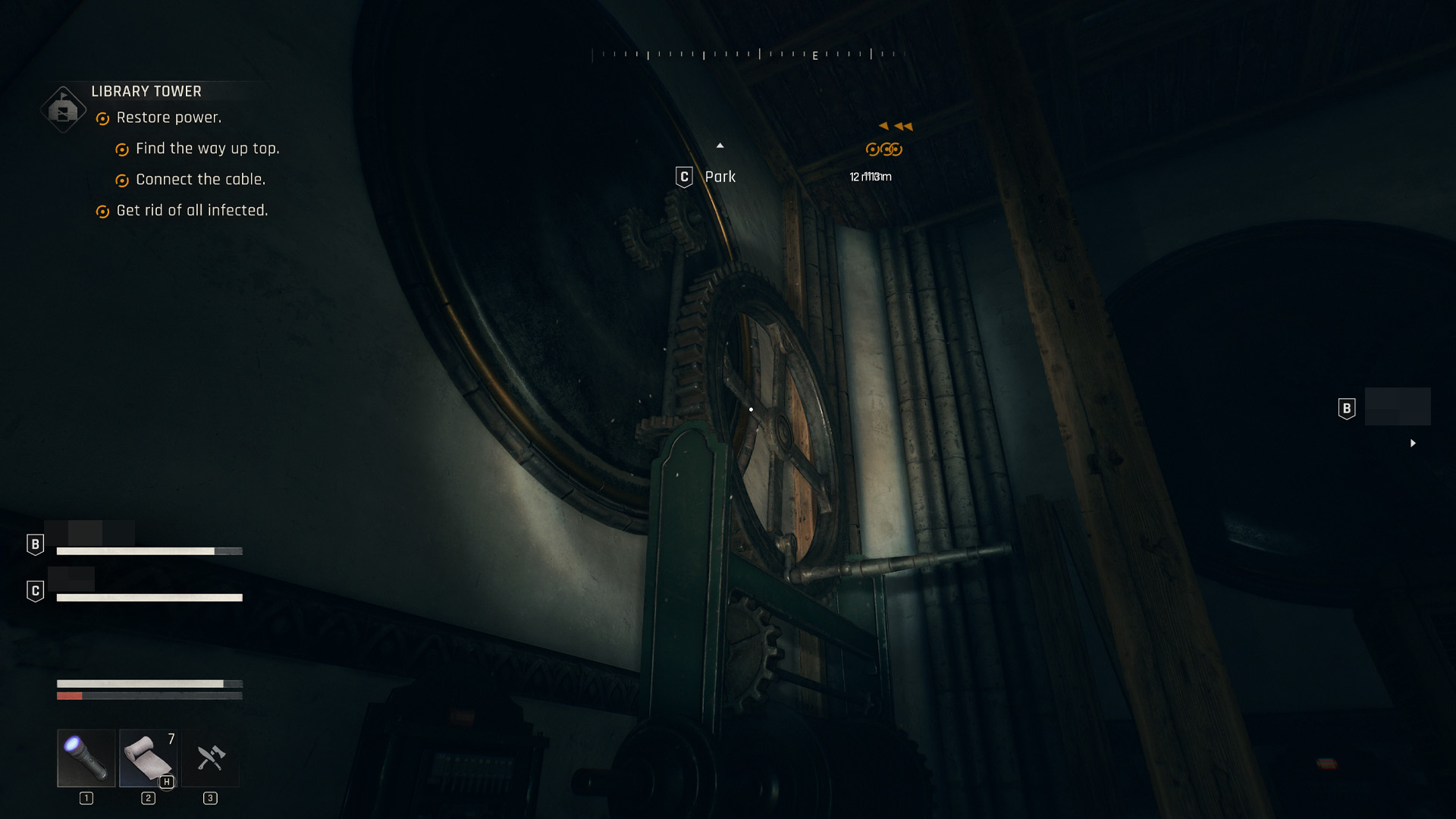 Dying Light: The Beast  - The Library Tower's moving gear with a metal pipe to jump onto. 