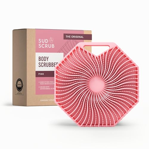 Sud Scrub® Antimicrobial Silicone Body Scrubber, Exfoliating Body Brush for Sensitive Skin, Antibacterial Shower Scrubber for Body, Bathroom Essentials for Men & Women, Pink