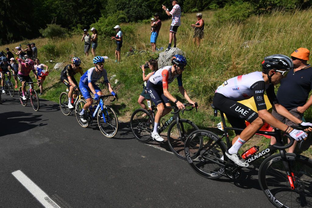 SAINTGERVAIS MONTBLANC FRANCE JULY 16 LR Krists Neilands of Latvia and Team IsraelPremier Tech and Marc Soler of Spain and UAE Team Emirates compete in the chase group during the stage fifteen of the 110th Tour de France 2023 a 179km stage from Les Gets les Portes du Soleil to SaintGervais MontBlanc 1379m UCIWT on July 16 2023 in SaintGervais MontBlanc France Photo by David RamosGetty Images
