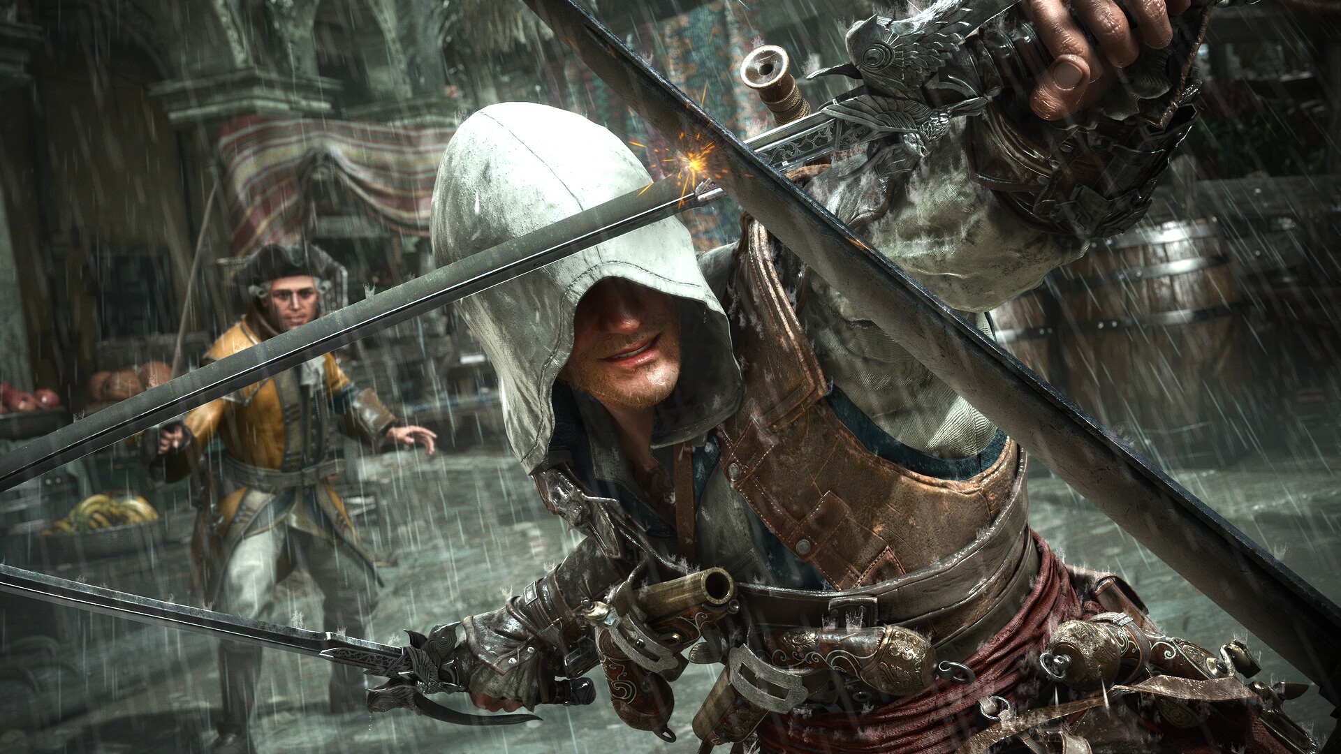An official screenshot of Assassin's Creed Black Flag Resynced showing protagonist Edward Kenway in a swordfight.