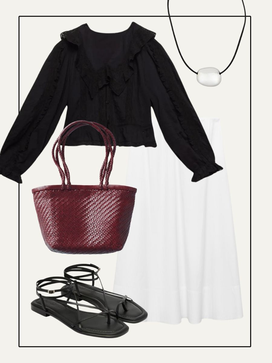 Collage of shirt, bag, shoes, slip skirt, red lipstick