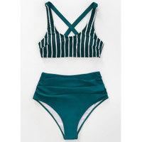 Teal And White Striped High Waisted Bikini - £28 at Cupshe