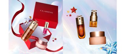 Clarins Christmas gift and beauty products on a lighr blue background with red and blus stars for Clarins discount codes