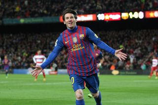 Lionel Messi celebrates after scoring for Barcelona against Granada, March 2012