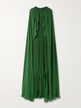 Cape-Effect Crystal-Embellished Plissé-Chiffon Gown