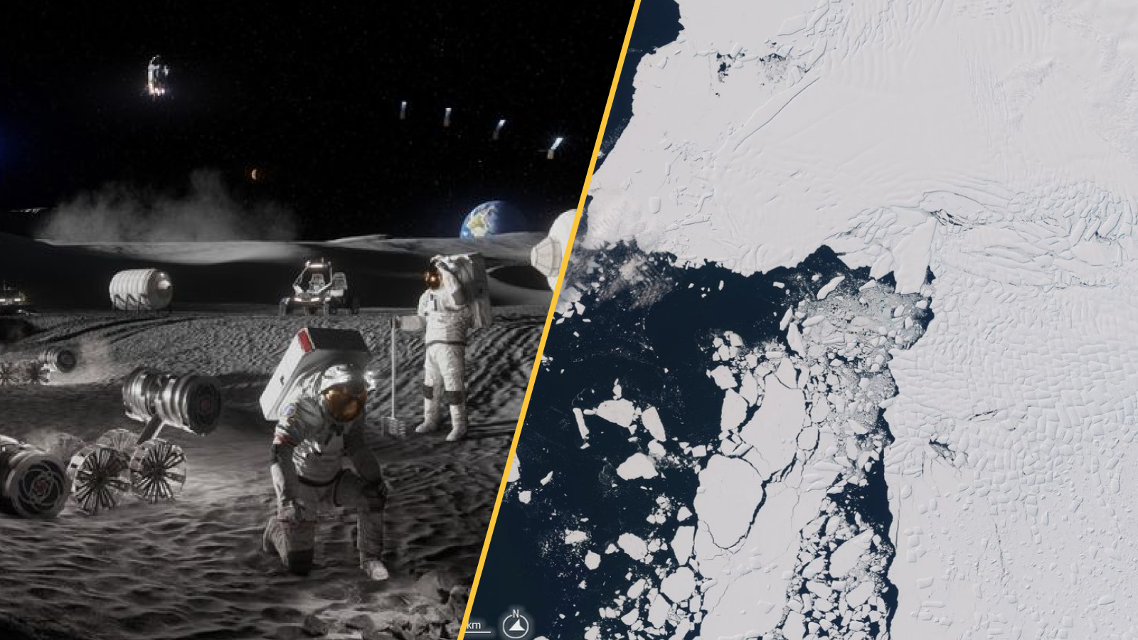 Astronauts build a moon base on the left, and a top-down view of Thwaites Glacier in Antarctica on the right.