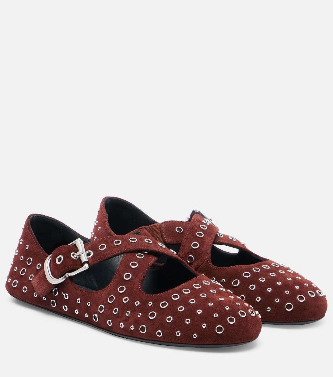 Embellished Suede Ballet Flats in Burgundy - Alaia