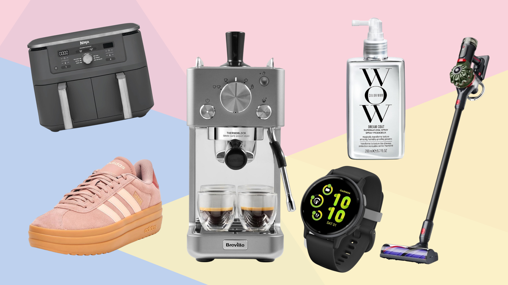 A collage of best-selling products on offer for Amazon Prime Day from brands including Dyson, Garmin Colour Wow, Adidas, Ninja and Breville