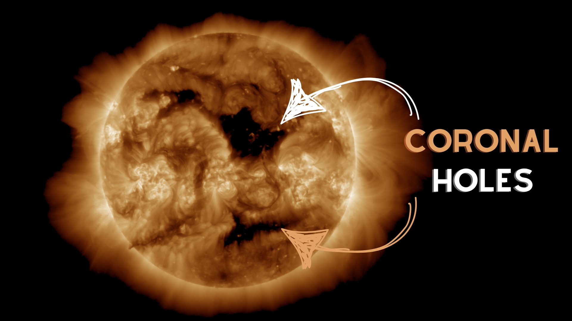 two large patches on the sun are coronal holes facing earth. They are labelled with arrows and the text coronal holes is written to the right of the sun.