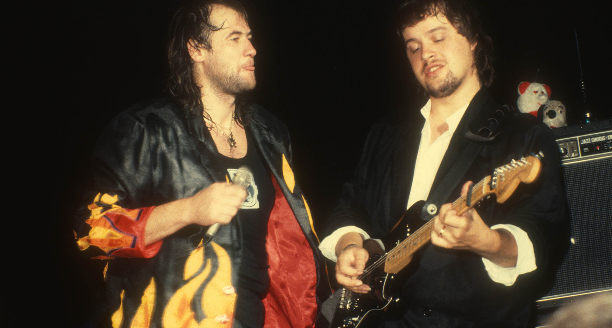 Fish and Steve Rothery (right) perform live with Marillion in 1987, with Rothery playing his legendary MIJ Squier Strat