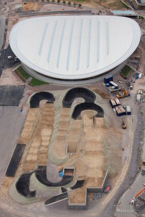 London 2012 Aquatics Centre by Zaha Hadid: ..and BMX track being developed to the rear