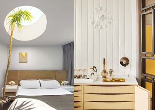 In a split image, we see a modernist bedroom with a porthole window and a wooden cabinet with a lamp and other objects.