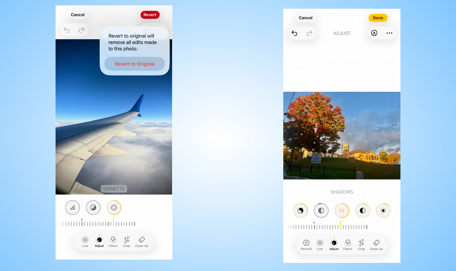 Screen shots of iOS 26 Photos App Editing Tools.