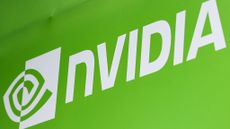 Nvidia logo in white text on a bright green background at the Taipei Music Center in Taipei on May 19, 2025
