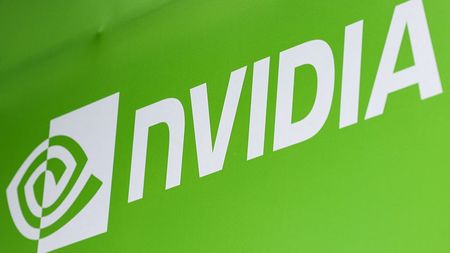 Nvidia logo in white text on a bright green background at the Taipei Music Center in Taipei on May 19, 2025