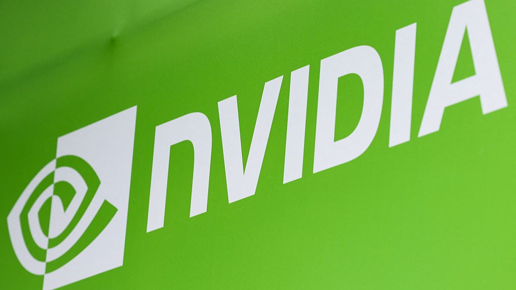 Nvidia logo in white text on a bright green background at the Taipei Music Center in Taipei on May 19, 2025