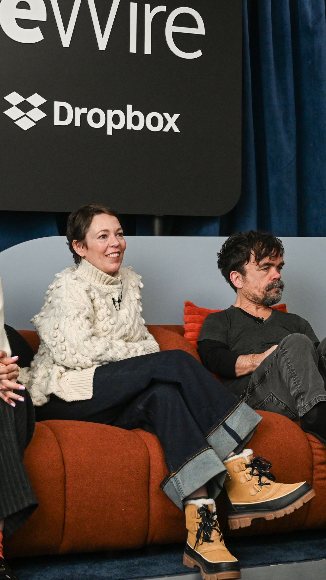 Olivia Colman and Peter Dinklage at the IndieWire Studio Presented by Dropbox at Sundance on January 23, 2026 in Park City, Utah