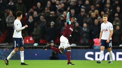 West Ham United midfielder Pedro Obiang celebrates his superb goal against Tottenham