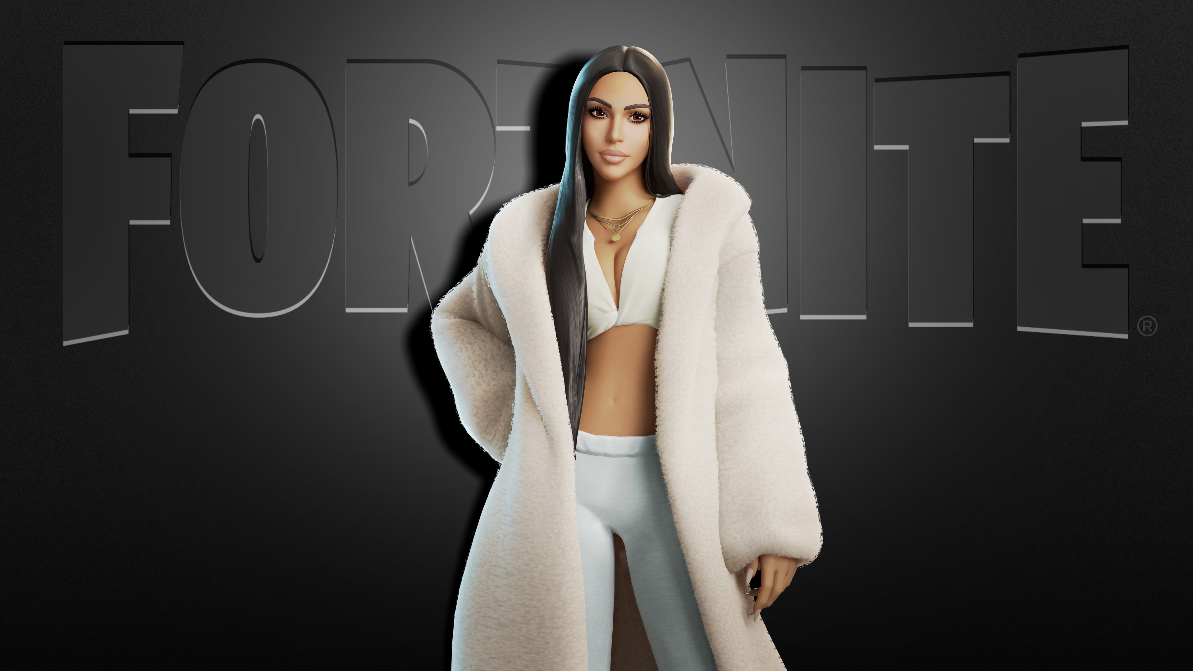 Kim Kardashian wears a cream-colored fuzzy coat, Skims leggins, and a white crop-top