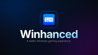 Large Winhanced logo with glowing app icon and &ldquo;A better Windows gaming experience&rdquo; tagline on a dark gradient background.