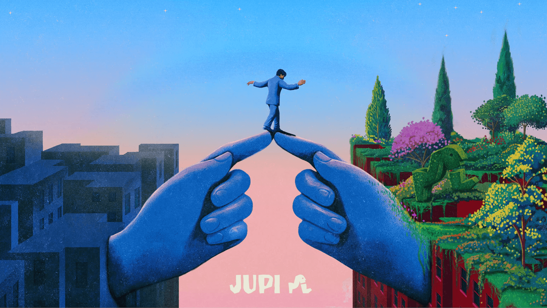 hands with a man in the middle of them and trees in the background with the logo 'Jupi' and a pair of legs