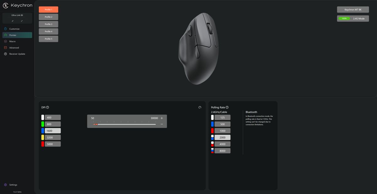 A screenshot of Keychon's Launcher software, as being used to configure the settings of a Keychron M7 8K wireless gaming mouse.
