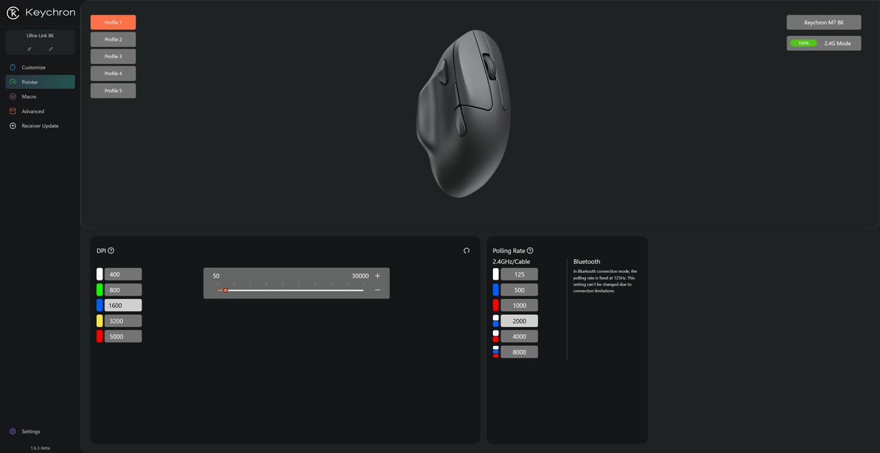 A screenshot of Keychon's Launcher software, as being used to configure the settings of a Keychron M7 8K wireless gaming mouse.