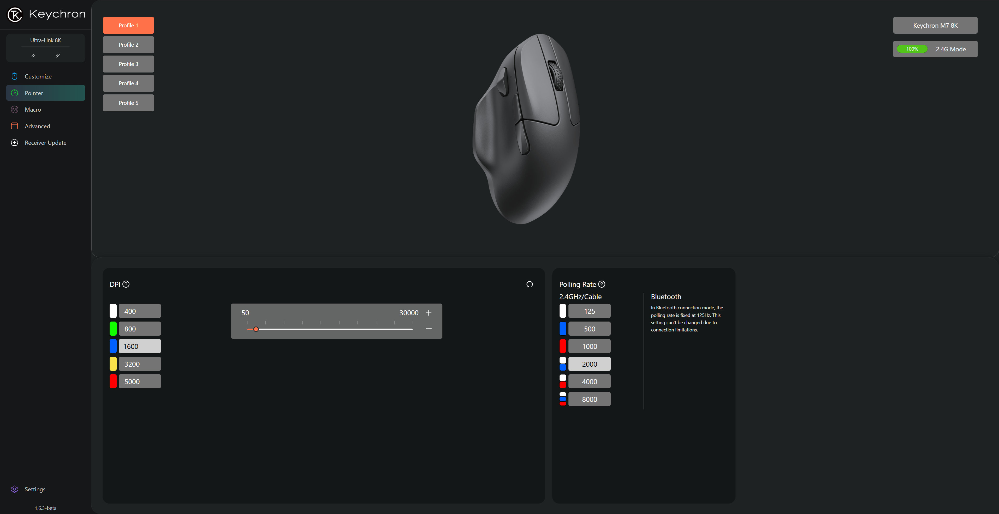 A screenshot of Keychon's Launcher software, as being used to configure the settings of a Keychron M7 8K wireless gaming mouse.