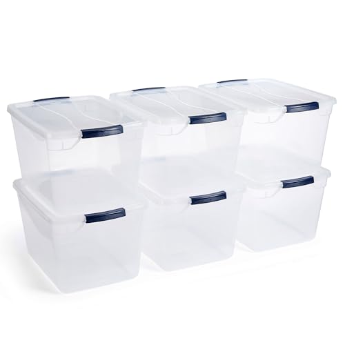 Rubbermaid Cleverstore Clear 32 Qt, 6 Pack Stackable Plastic Storage Containers With Durable Latching Clear Lids, Visible Storage, Great for Closet and Laundry Storage, Organizing in the Home