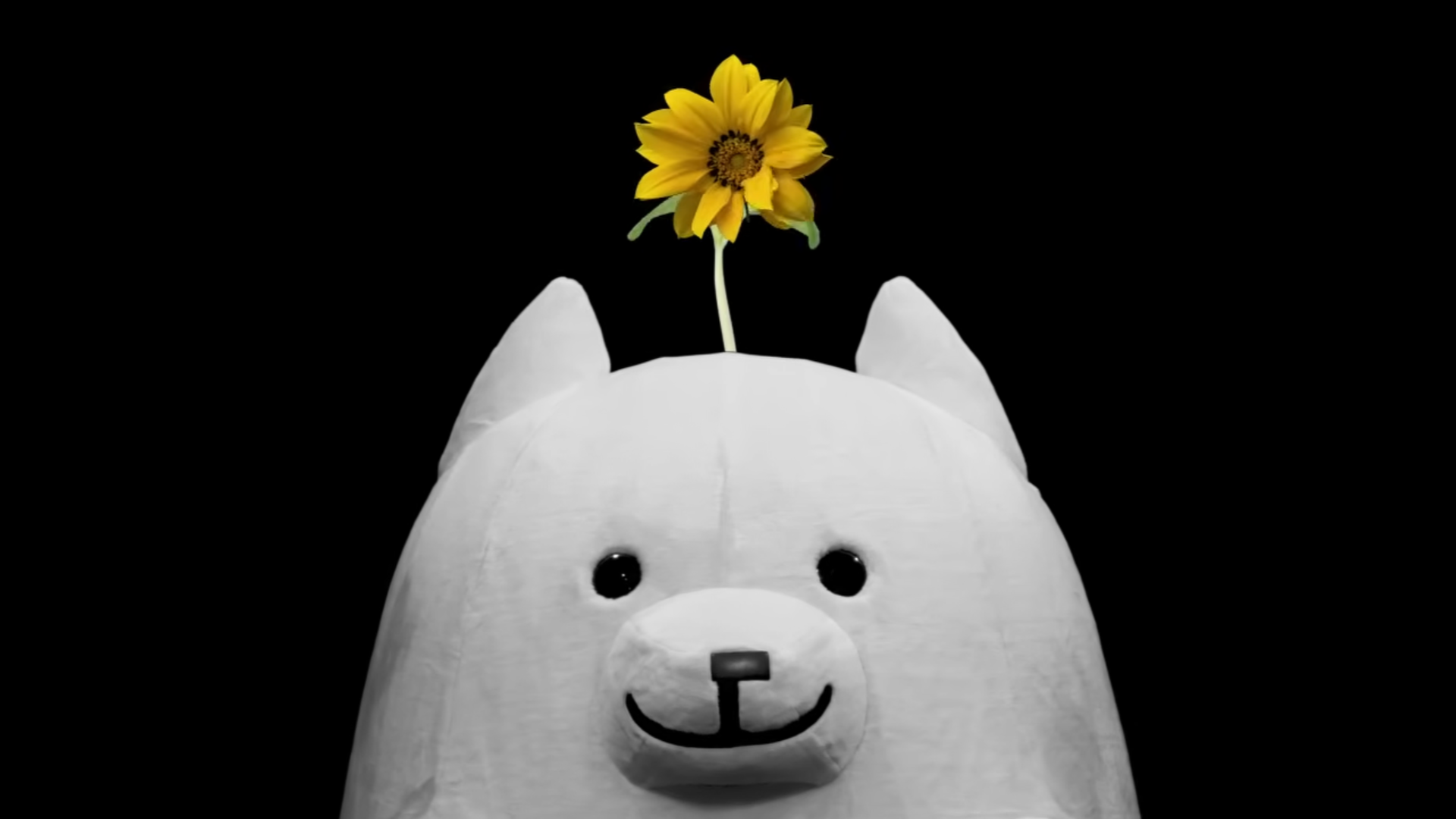 A plush dog has a sunflower sprouting from its head