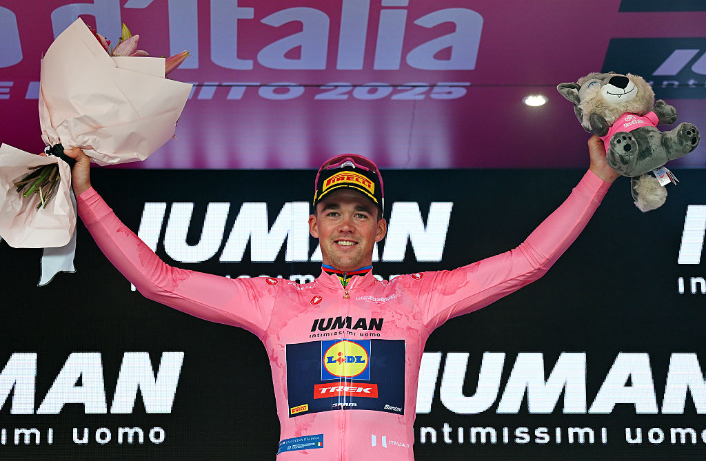 VLORE ALBANIA MAY 11 Mads Pedersen of Denmark and Team Lidl Trek celebrates at podium as Pink Leader Jersey winner during the 108th Giro dItalia 2025 Stage 3 a 160km stage from Vlore to Vlore UCIWT on May 11 2025 in Vlore Albania Photo by Tim de WaeleGetty Images