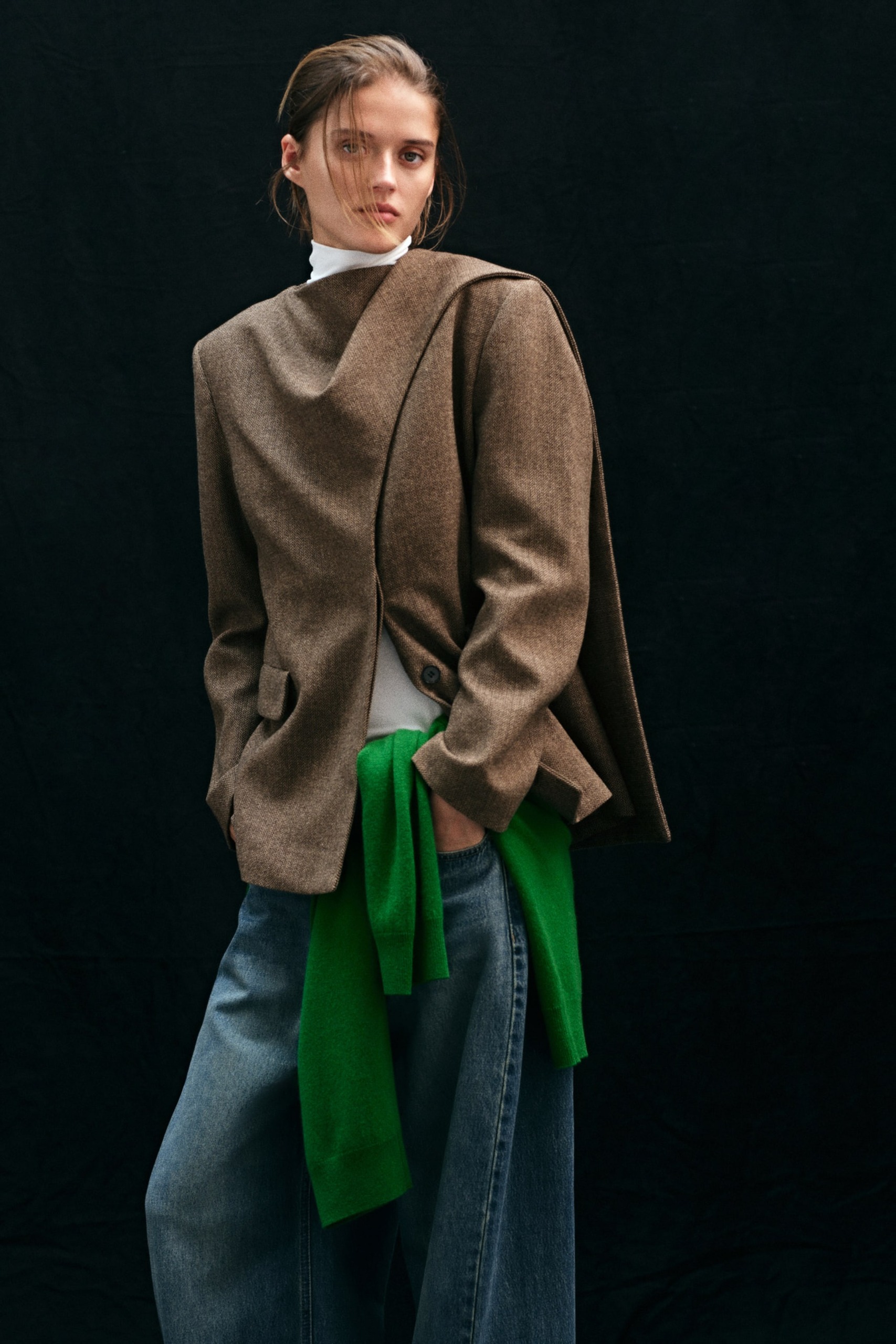 Herringbone-Weave Jacket With Scarf Collar